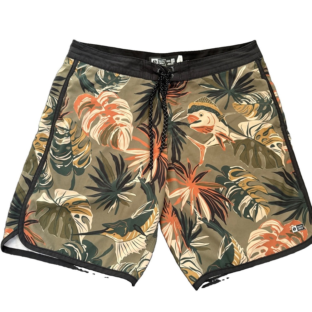 Salty Crew Boardshorts Size 34 Tropical Leaf Fish Print Swim Surf Trunks Vaca